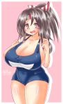  1girl ayazumi_flutter blue_swimsuit blush breasts brown_eyes brown_hair cleavage collarbone curvy embarrassed female huge_breasts kantai_collection long_hair looking_at_viewer one-piece_swimsuit open_mouth school_swimsuit simple_background solo standing swimsuit thick_thighs zuihou_(kantai_collection) 