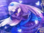  1girl 2015 arborlune bangs blunt_bangs butterfly closed_eyes dress flower gloves hair_flower hair_ornament hairband light_rays long_hair lying odette_(sennen_sensou_aigis) on_bed on_side purple_dress sennen_sensou_aigis solo twitter_username white_hair 