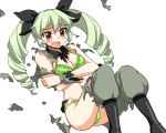  1girl anchovy ass bare_shoulders black_footwear blush boots bra breast_hold breasts drill_hair exploding_clothes girls_und_panzer green_bra green_hair green_panties hair_ribbon knees_up long_hair long_sleeves lying medium_breasts midriff military military_uniform mono_(moiky) on_back open_mouth panties red_eyes ribbon thighs tongue torn_clothes twin_drills twintails underwear uniform 