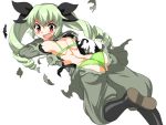  1girl anchovy ass black_footwear blush bra breasts drill_hair exploding_clothes girls_und_panzer green_bra green_hair green_panties long_hair lying medium_breasts military military_uniform mono_(moiky) on_back on_stomach open_mouth panties red_eyes tears thighs tongue twin_drills twintails underwear uniform 