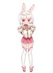  1girl :o animal_ears blade_(galaxist) eyebrows eyebrows_visible_through_hair full_body official_art pleated_skirt pop-up_story rabbit_ears red_eyes sandals short_hair simple_background skirt sleeve_cuffs sleeves_past_wrists solo thigh-highs white_background white_hair white_legwear 