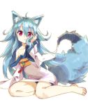  1girl animal_ears barefoot blue_hair character_request chromatic_aberration copyright_request hair_between_eyes highres japanese_clothes kimono long_hair long_tail off_shoulder red_eyes sitting sketch sleeves_past_wrists solo tail wolf_ears xuan_chu yukata 