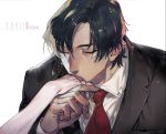  1boy black_hair boku_dake_ga_inai_machi closed_eyes copyright_name formal hand_kiss kiss male_focus necktie pale_skin pigeon666 red_necktie simple_background solo_focus suit white_background yashiro_gaku 