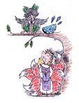  :o aesop&#039;s_fables branch cheese cirno colored_pencil_(medium) food ice ice_wings in_tree looking_down looking_up oak_leaf organis_(artist) pen_(medium) pun reiuji_utsuho russian saliva sitting sitting_in_tree the_fox_and_the_crow touhou traditional_media tree wings yakumo_ran 