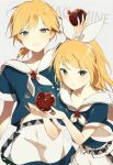  1boy 1girl :d blonde_hair blue_eyes brother_and_sister character_name commentary_request dress hair_ornament hairclip headband kagamine_len kagamine_rin looking_at_viewer lp_(hamasa00) lpip open_mouth ribbon sailor_dress short_hair siblings smile twins vocaloid wavy_mouth white_ribbon 