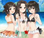  3girls :d antenna_hair bare_arms bare_shoulders beach bikini bird black_hair blush breasts brown_eyes brown_hair cleavage clouds double_bun eyebrows eyebrows_visible_through_hair flower frilled_bikini frilled_skirt frills front-tie_bikini front-tie_top girl_sandwich hair_intakes half_updo jintsuu_(kantai_collection) kantai_collection long_hair looking_at_viewer looking_back multiple_girls naka_(kantai_collection) navel ocean open_mouth outdoors sandwiched sarong scrunchie seagull sendai_(kantai_collection) short_hair short_shorts shorts side-tie_bikini sidelocks skirt sky smile swimsuit two_side_up wrist_scrunchie yuzuttan 