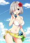  1girl bikini blue_eyes blush breasts cleavage clouds cloudy_sky eyes_visible_through_hair flower front-tie_top hair_flower hair_ornament hair_over_one_eye hairclip hamakaze_(kantai_collection) highres kantai_collection navel one_eye_closed ramune sarong shima_(shima_je) shiny shiny_skin short_hair skindentation sky solo swimsuit 