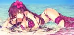  1girl alternate_costume arm_support bare_shoulders bikini bracelet breasts cleavage closed_mouth fate/grand_order fate_(series) flower hair_flower hair_ornament hand_in_hair hibiscus jewelry kinokohime_(mican02rl) leg_garter long_hair looking_at_viewer lying medium_breasts ocean on_side outdoors pink_bikini pink_eyes purple_hair red_lips sarong scathach_(fate/grand_order) scathach_(swimsuit_assassin)_(fate) smile solo swimsuit water 