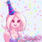  1girl :d bare_shoulders birthday black_sclera blush breasts cleavage collarbone confetti crying crying_with_eyes_open dragon_ball dragon_ball_xenoverse female_majin flying_sweatdrops gift happy hat highres holding lavender_background long_hair medium_breasts open_mouth party_hat pink_hair pink_skin plague_of_gripes purple_ribbon purple_shirt red_eyes ribbon shirt simple_background smile solo striped striped_hat tank_top tears 