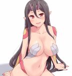  1girl arm_support black_hair blush breasts cleavage collarbone fang fingernails hasu_(hk_works) horns large_breasts long_hair looking_at_viewer navel oni oni_horns original pointy_ears red_eyes revealing_clothes sharp_fingernails shiny shiny_hair sidelocks sitting smile solo 