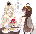  2girls blonde_hair blue_eyes braid brown_hair cake censored crown cup detached_sleeves double_bun dress flower food french_braid fruit hairband kantai_collection kongou_(kantai_collection) long_hair long_sleeves mini_crown mosaic_censoring multiple_girls nontraditional_miko off-shoulder_dress off_shoulder ribbon-trimmed_sleeves ribbon_trim rose shaded_face slice_of_cake sotogawa_max strawberry strawberry_shortcake teacup translation_request violet_eyes warspite_(kantai_collection) white_dress 