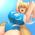  1girl alternate_costume animal_ears armpits arms_up ball beachball belly bikini blonde_hair blue_sky blush breasts chanta_(ayatakaoisii) cowboy_shot curvy day erect_nipples fox_ears fox_tail huge_breasts micro_bikini multiple_tails navel one-piece_swimsuit open_mouth shiny shiny_hair short_hair sideboob sky smile solo sunlight swimsuit tail teeth thick_thighs thighs tongue touhou wide_hips yakumo_ran 