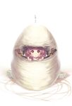  1girl :o bangs blunt_bangs butterfly_wings chrysalis_(butterfly) cocoon curious hair_tubes looking_at_viewer monster_girl original peeking_out pink_hair red_eyes shade simple_background solo suzuagi tears white_background wings 