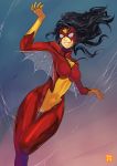  1girl black_hair bodysuit breasts hatsurai_kun highres impossible_clothes jessica_drew long_hair marvel mask skin_tight smile solo spider-woman superhero 