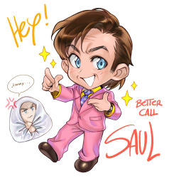  2boys anger_vein aqua_eyes better_call_saul breaking_bad brothers brown_hair brown_shoes charles_mcgill chibi chibi_only collared_shirt full_body jacket male_focus multiple_boys necktie pants parted_lips pink_jacket pink_pants pink_suit purple_necktie saul_goodman shirt shoes short_hair siblings smile sparkle standing suit suit_jacket teeth vinetsu white_background yellow_shirt 