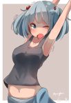  1girl armpits arms_up blue_eyes blue_hair grey_background hair_bobbles hair_ornament highres interlocked_fingers kawashiro_nitori one_eye_closed open_mouth pachio short_twintails simple_background sketch stretch tank_top tears touhou twintails twitter_username upper_body wavy_mouth yawning 
