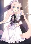  1girl ameshizuku_natsuki apron black_dress blonde_hair blue_eyes colored_eyelashes dress dress_lift fate/grand_order fate_(series) indoors light_particles light_rays long_hair long_sleeves looking_at_viewer maid maid_apron maid_headdress marie_antoinette_(fate/grand_order) open_mouth parted_lips puffy_long_sleeves puffy_sleeves twintails window 