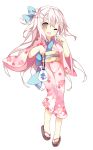  1girl ;d absurdres blush bow braid brown_eyes cherry_blossoms floral_print flower full_body geta hair_bow hair_flower hair_ornament hairclip highres japanese_clothes kimono long_hair looking_at_viewer obi one_eye_closed open_mouth pink_hair sash shimakaze_(zhan_jian_shao_nyu) smile solo tsukimi_(xiaohuasan) very_long_hair yukata zhan_jian_shao_nyu 