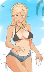  1girl absurdres bikini black_bikini blonde_hair blush highleg highleg_bikini highres mole mole_under_eye orange_eyes original root_(1732050807point) short_shorts shorts spread_navel swimsuit tan tanlines 