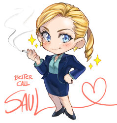  aqua_shirt better_call_saul black_shoes blonde_hair blue_eyes blue_jacket blue_skirt breaking_bad breasts chibi chibi_only cigarette closed_mouth collared_shirt earrings full_body hand_on_own_hip holding holding_cigarette jacket jewelry kim_wexler light_blush long_hair medium_breasts pencil_skirt ponytail shirt shoes skirt smile smoke smoking sparkle standing suit_jacket swept_bangs vinetsu white_background 