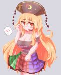  1girl aoihitsuji black_shirt blonde_hair blush breasts choker cleavage clothes_writing cosplay cowboy_shot erect_nipples eyebrows eyebrows_visible_through_hair grey_background hand_in_hair hat hecatia_lapislazuli hecatia_lapislazuli_(cosplay) junko_(touhou) large_breasts long_hair looking_at_viewer multicolored_skirt off-shoulder_shirt open_mouth orange_eyes plaid plaid_skirt shiny shiny_hair shiny_skin shirt short_eyebrows simple_background skirt solo spoken_blush sweatdrop thighs touhou very_long_hair 