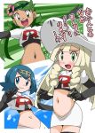  3girls black_gloves blonde_hair blue_eyes blue_hair blush comic cosplay crop_top dark_skin gloves green_eyes green_hair hainchu hair_ornament hat lillie_(pokemon) long_hair looking_at_viewer mallow_(pokemon) midriff multiple_girls musashi_(pokemon) musashi_(pokemon)_(cosplay) navel open_mouth pokemon pokemon_(anime) pokemon_sm_(anime) skirt suiren_(pokemon) sun_hat team_rocket thigh-highs translation_request twintails 