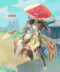  1girl alien armor barefoot_sandals battleborn character_name eokibamorimori grass kunai miko_(battleborn) mushroom rock sen_nai sky solo weapon 
