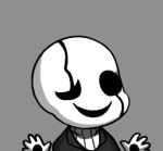  chibi grey_background gyate_gyate hands lowres ribbed_sweater simple_background smile solo sweater turtleneck undertale uneven_eyes upper_body w.d._gaster white_skin yaruky 