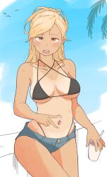  1girl absurdres bikini black_bikini blonde_hair blush highleg highleg_bikini highres mole mole_under_eye navel_piercing orange_eyes original piercing root_(1732050807point) short_shorts shorts spread_navel swimsuit tan tanlines 