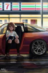  1girl 7-eleven black_shorts black_socks brown_eyes brown_hair car car_seat hair_ornament helmet helmet_removed hirasawa_yui k-on! night nike nissan nissan_180sx red_car sitting socks source_request watermark white_shirt work_emotion work_rims 