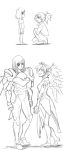  2girls age_difference age_progression armor bodysuit comic contrapposto eye_contact from_side height_difference highres long_hair looking_at_another mechanical_halo mechanical_wings mercy_(overwatch) monochrome multiple_girls one_knee overwatch pharah_(overwatch) ponytail profile smile superrisu teenage white_background wings younger 