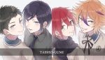  4boys atsushi_toushirou black_hair brown_eyes brown_hair casual gotou_toushirou highres kagerou_(newkage46) male_focus multiple_boys redhead scarf shinano_toushirou short_hair smile touken_ranbu yagen_toushirou 