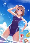  3girls blue_eyes blush breasts brown_hair collateral_damage_studios competition_swimsuit dutch_angle goggles goggles_on_head highres kurosawa_ruby looking_at_viewer love_live! love_live!_sunshine!! multiple_girls ocean one-piece_swimsuit open_mouth orange_hair redhead short_hair sky smile swimsuit takami_chika two_side_up watanabe_you 