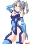  1girl arm_at_side arm_up breasts busou_shinki closed_mouth covered_navel cyborg dd_(ijigendd) highres joints looking_at_viewer medium_breasts pose raptias robot_joints short_hair silver_hair simple_background smile solo standing twintails violet_eyes white_background 