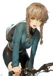  1girl :d amane_suzuha bag bicycle bike_shorts black_shorts blue_jacket blush braid breasts eyebrows eyebrows_visible_through_hair green_eyes ground_vehicle highres jacket leaning_forward long_hair long_sleeves looking_at_viewer medium_breasts open_mouth over_shoulder riding short_hair shorts signature smile solo steins;gate strap_cleavage tomboy track_jacket twin_braids yang-do zipper 
