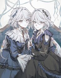  2girls absurdres black_dress blue_dress blue_nails chain chain_leash collar couch cowlick dress flower focalors_(genshin_impact) frilled_sleeves frills furina_(genshin_impact) genshin_impact grey_eyes grey_hair hair_flower hair_ornament highres koumimi leash long_hair long_sleeves looking_at_viewer multiple_girls muted_color nail_polish on_couch sleeves_past_wrists smile wavy_hair white_background white_collar wide_sleeves 