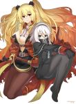  2girls absurdres anne_bonny_(fate/grand_order) belt black_gloves black_legwear blonde_hair blue_eyes boots breasts brown_legwear cleavage fate/grand_order fate_(series) gloves highres knee_boots large_breasts long_hair looking_at_viewer makise_medaka mary_read_(fate/grand_order) multiple_girls pantyhose red_boots red_eyes sheath sheathed short_hair silver_hair simple_background smile sword twintails weapon white_background 
