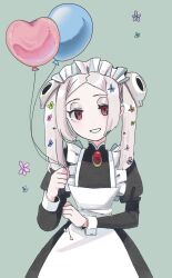  1girl apron balloon black_dress bloody_marie_(skullgirls) commentary dress english_commentary flower gem green_background hair_flower hair_ornament heart_balloon highres holding holding_balloon long_hair looking_at_viewer maid maid_apron maid_headdress red_eyes red_gemstone shimoya_k simple_background skullgirls smile solo standing twintails white_apron white_hair 