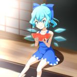  1girl adapted_costume alternate_hairstyle blue_eyes blue_hair blush bow cato_(monocatienus) cirno dress eating food fruit hair_bow ice ice_wings no_shirt ponytail smile solo sundress touhou watermelon wings 