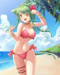  1girl animal_ears beach bell bikini blush breasts cat_ears cat_tail choker cleavage fang fukuya_(oc_o) green_hair jingle_bell long_hair looking_at_viewer navel one_eye_closed original paw_pose ponytail smile solo swimsuit tail yellow_eyes 