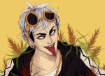  10s 1boy black_hair earrings glasses guzuma_(pokemon) highres janna jewelry leaf multicolored_hair necklace pokemon pokemon_(game) pokemon_sm portrait simple_background solo sunglasses sunglasses_on_head team_skull teeth tongue tongue_out two-tone_hair white_hair yellow_background 