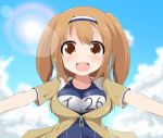  1girl blue_sky breasts clothes_writing clouds hairband i-26_(kantai_collection) kantai_collection large_breasts light_brown_eyes light_brown_hair long_hair name_tag open_clothes open_mouth outstretched_arms sailor_collar school_swimsuit short_sleeves sky smile solo sun suzu_yuuji swimsuit swimsuit_under_clothes two_side_up 