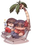  10s 2girls :3 akagi_(kantai_collection) alolan_exeggutor beach_chair coconut coconut_tree commentary_request flower glass glasses hair_flower hair_ornament hakama_skirt highres japanese_clothes jitome kaga_(kantai_collection) kakuzatou_(koruneriusu) kantai_collection lei long_hair multiple_girls open_mouth palm_tree pokemon pokemon_(game) pokemon_sm shadow side_ponytail simple_background smile sparkle sunglasses thigh-highs tree white_background 