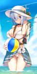  1girl alternate_costume ass ball beachball belt between_breasts bikini blue_eyes blue_sky blush breasts choker clouds collarbone commentary_request frills gluteal_fold green_ribbon grey_hair hair_ornament hair_over_one_eye hairclip hamakaze_(kantai_collection) hat highres kantai_collection large_breasts looking_at_viewer machinery outdoors partially_submerged ribbon sarong short_hair silver_hair sky smile smoke_trail solo sukebewe sun_hat swimsuit thigh_gap thighs water white_hat 