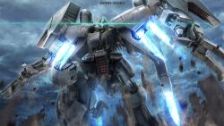  aiming aiming_at_viewer arm_cannon artist_request beam_cannon blue_visor byalant byalant_custom cable clouds cloudy_sky copyright_logo debris fake_screenshot flying glowing gundam gundam_battle_operation_2 gundam_unicorn highres lens_flare looking_at_viewer machinery mecha mecha_focus mobile_suit official_art realistic robot science_fiction sky sunrise_(company) thrusters weapon 