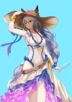  1girl animal_ears arm_up armpits ato_(haru_ato) blue_background blush bracelet braid breasts brown_eyes cleavage covered_navel cowboy_shot erun_(granblue_fantasy) flower granblue_fantasy grey_hair hand_on_headwear hat hat_flower heles highres holding jewelry large_breasts long_hair medium_breasts popsicle sideboob silver_hair single_braid smile solo standing very_long_hair 