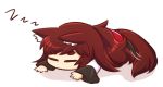  1girl animal_ears brown_hair chibi closed_eyes dress full_body imaizumi_kagerou long_hair long_sleeves lying on_stomach sleeping solo tail touhou white_background wolf_ears wolf_tail wool_(miwol) zzz 