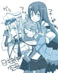  3girls akagi_(kantai_collection) aquila_(kantai_collection) blush breasts capelet gloves graf_zeppelin_(kantai_collection) hair_ornament hairclip hand_on_another&#039;s_shoulder hat high_ponytail hug hug_from_behind iron_cross japanese_clothes kantai_collection large_breasts long_hair long_sleeves looking_at_viewer military military_uniform miniskirt monochrome multiple_girls neck_ribbon necktie one_eye_closed peaked_cap pleated_skirt ribbon sanpatisiki sidelocks skirt smile straight_hair sweatdrop twintails uniform wavy_hair 