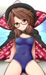  1girl alternate_costume arm_support black_hat blush bow breasts brown_eyes brown_hair cape clothes_writing competition_school_swimsuit covered_navel glasses hat hat_bow katou_kaiou looking_at_viewer low_twintails one-piece_swimsuit pool red-framed_eyewear semi-rimless_glasses short_hair small_breasts smile solo swimsuit touhou twintails under-rim_glasses usami_sumireko white_bow 