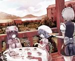  3girls blue_hair book commentary crescent dyolf food fork hat izayoi_sakuya misty_lake mob_cap mountain multiple_girls open_mouth patchouli_knowledge plate purple_hair red_eyes remilia_scarlet scarlet_devil_mansion silver_hair touhou 